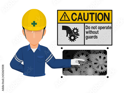 Industrial worker is presenting mechanical hazard sign
