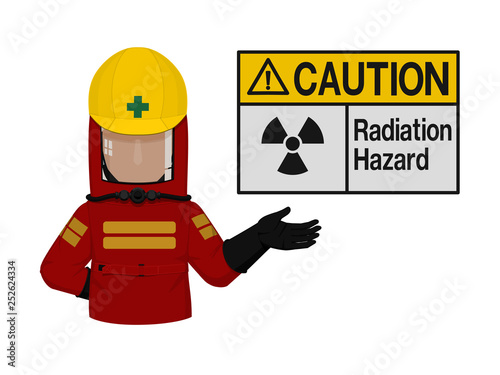 Industrial worker is presenting radiation sign