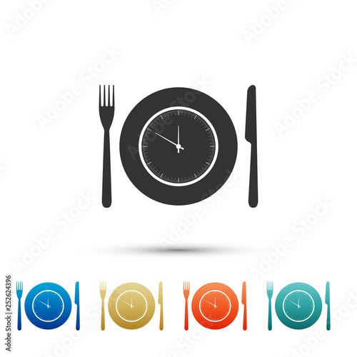 Plate with clock, fork and knife icon isolated on white background. Lunch time. Eating, nutrition regime, meal time and diet concept. Set elements in color icons. Vector Illustration