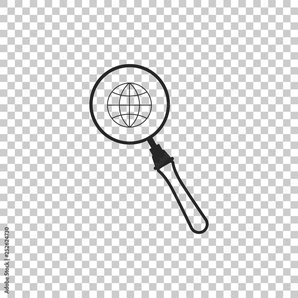 Magnifying glass with globe icon isolated on transparent background. Analyzing the world. Global search sign. Flat design. Vector Illustration Magnifying glass with globe icon isolated on transparent background. Analyzing the world. Global search sign. Flat design. Vector Illustration