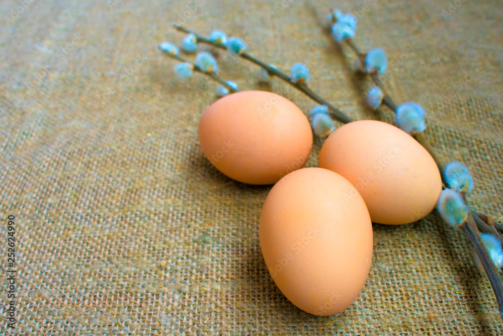 Orthodox Easter. Eggs and willow on canvas.