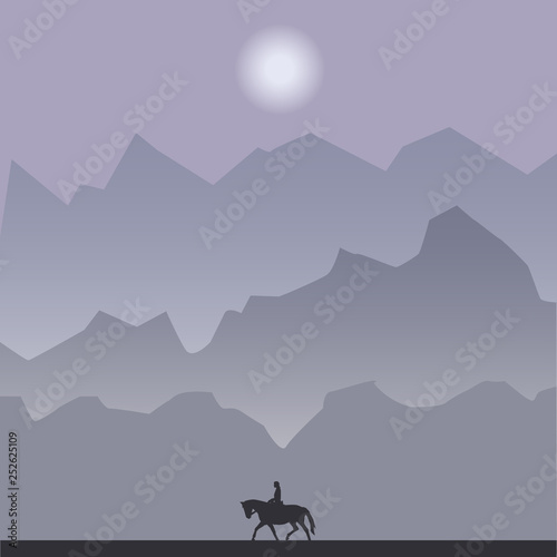 Silhouette of a rider on a horse at night. Mountains, the moon. Landscape vector