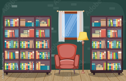 Library Room Interior Stack of Book on Bookshelf Flat Design