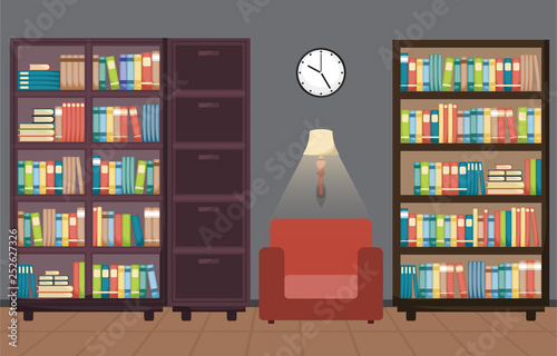 Library Room Interior Stack of Book on Bookshelf Flat Design