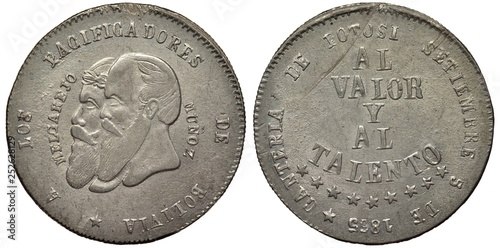 Bolivia Bolivian Melgarejo coinage silver coin 1/2 half melgarejo 1865, jugate heads of Melgarejo and Munos left, legend and stars, photo