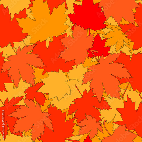 Autumnal vector pattern. A bunch of red yellow orange maple leaves are mixed