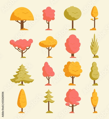 Autumn trees set. Orange fall trees and leaves.Colorful collection of autumn elements. Vector illustration
