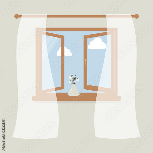 Wooden window with tulle as design element for interior of room on grey background. Outside the spring sky and white clouds. Vase with snowdrops on windowsill.Vector illustration