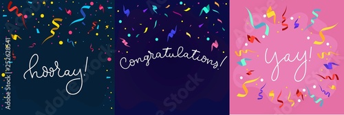 Set of banners in flat style with confetti and lettering. Congratulations design template with ribbons in flat style. Hooray lettering with decorative elements. Vector greeting banners set.