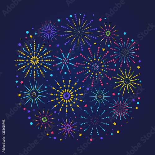Fireworks composition for festival, holiday or winner poster. Trendy congratulations banner with fireworks in linear style. Greeting card composition. Vector illustration