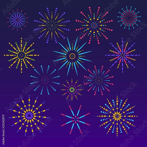 Fireworks background in flat style. Celebration design for holidays. Winner banner, festival decorations. Vector illustration