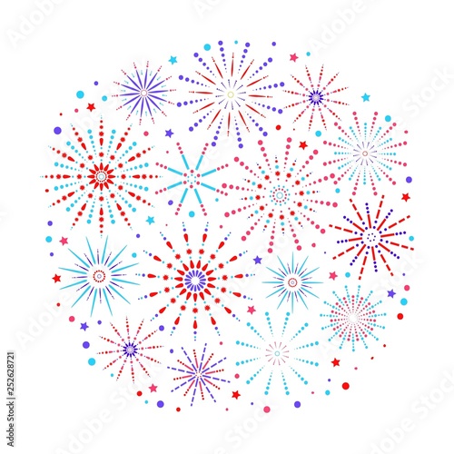 Fireworks background in flat style isolated on white background. Celebration design for holidays. Winner banner, festival decorations. Vector illustration