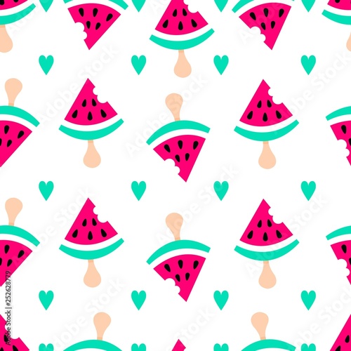 Watermelon flat pattern. Summer background with watermelon ice-cream and hearts. Cute vector sweet background.