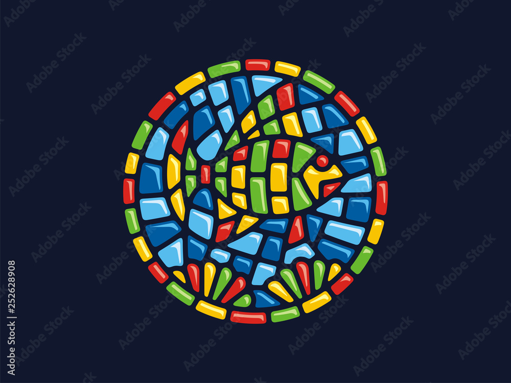 Vector mosaic. Round illustration of fish. Can be used for application on Souvenirs, dishes, packaging, as well as for stained glass, panels, textiles, and so on. Vector mosaic. Round illustration of fish. Can be used for application on Souvenirs, dishes, packaging, as well as for stained glass, panels, textiles, and so on.