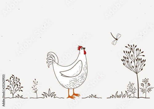 Card with isolated cartoon rooster and dragonfly