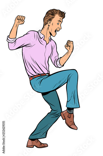 Man funny reaction. fright or a pleasant surprise