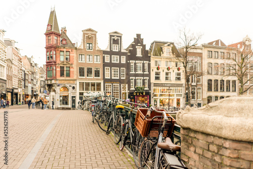 The Netherlands, Amsterdam - December 19, 2018: amsterdam street with parked bikes