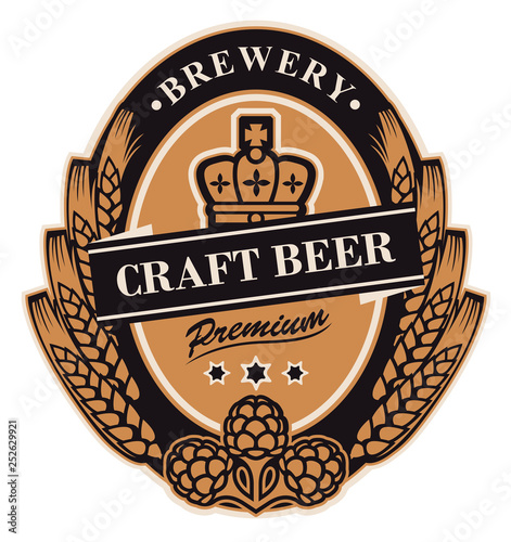 Template beer label with wheat or barley ears, hops and crown in oval frame. Vector label or banner for craft beer in retro style in form of coat of arms