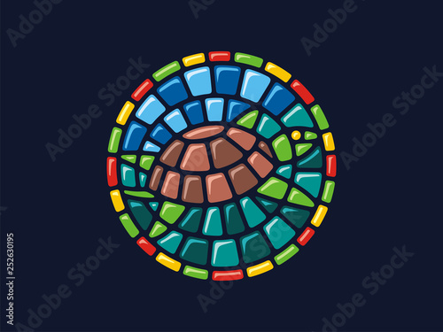 Vector mosaic. Round illustration of a turtle. Can be used for application on Souvenirs, dishes, packaging, as well as for stained glass, panels, textiles, and so on.