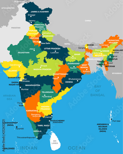 illustration of detailed map of India vector  Asia with all states and country boundary