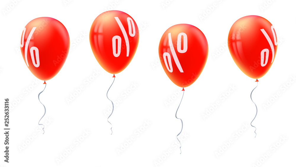 Red balloons with percent sign, symbol of discount isolated on white background. Set of sales icons for retail, shopping, markets. Balloons floating in the air. Template for poster, banner, leaflet. Red balloons with percent sign, symbol of discount isolated on white background. Set of sales icons for retail, shopping, markets. Balloons floating in the air. Template for poster, banner, leaflet.
