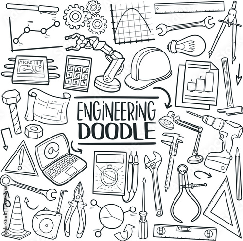 Engineering Traditional Doodle Icons Sketch Hand Made Design Vector