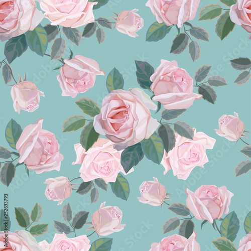 Wallpaper Mural Flower seamless pattern with pink rose on green background vector illustration Torontodigital.ca