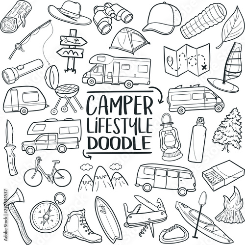 Lifestyle Camping Mountain Traditional Doodle Icons Sketch Hand Made Design Vector