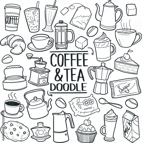 Coffee and Tea Drink Traditional Doodle Icons Sketch Hand Made Design Vector