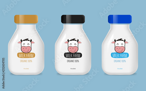 Set of glass milk bottle. Fresh and natural organic milk farm daily product. Allergen mark label and logo food and drink trade.