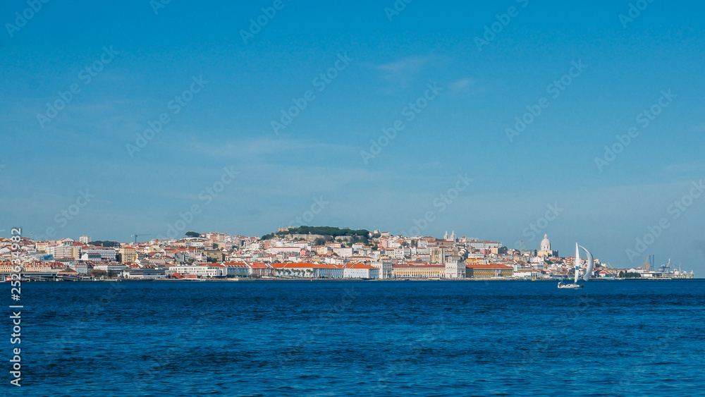 High perspective panorama of Lisbon old city center, view from Almada, Portugal
