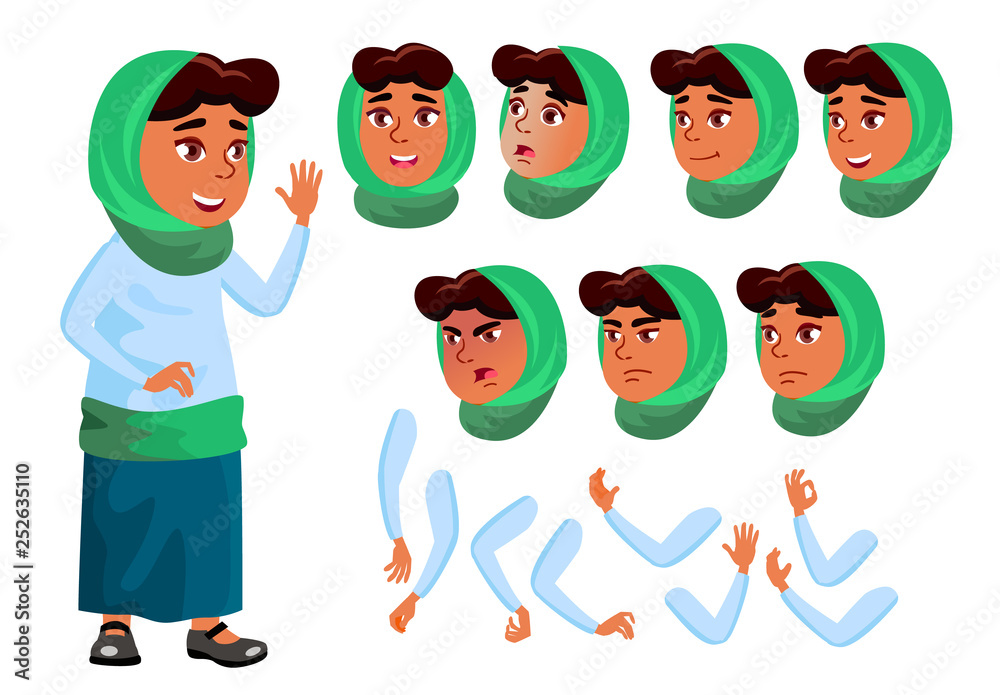 Arab, Muslim Teen Girl Vector. Teenager. Positive Person. Face. Children. Face Emotions, Various Gestures. Animation Creation Set. Isolated Flat Cartoon Character Illustration Stock Vector | Adobe Stock Arab, Muslim Teen Girl Vector. Teenager. Positive Person. Face. Children. Face Emotions, Various Gestures. Animation Creation Set. Isolated Flat Cartoon Character Illustration Stock Vector | Adobe Stock