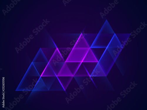 Colorful neon glowing triangles. Shining design element for advertising, banner, card. Abstract luminous background. Vector illustration