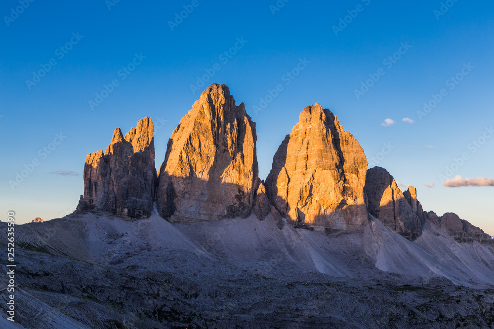 Tre Cime in Dolomite Natural park at sunrise, South Tyrol, Italy