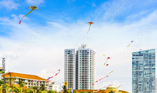 View on cityscape of Colombo with colorful kites, Sri Lanka with modern buildings