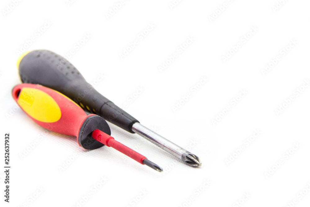 two tools for screwdriver construction on white background two tools for screwdriver construction on white background