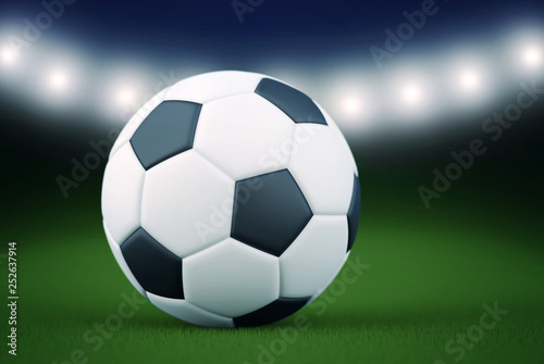 Soccer ball on green football stadium 3d render illustration.