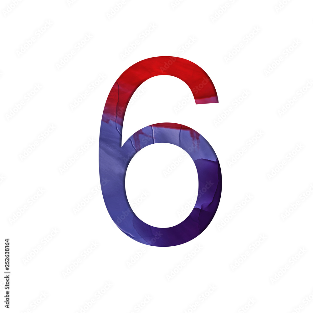 Number 6 illustration on isolated background. Watercolor alphabet symbol with splatter. Number 6 illustration on isolated background. Watercolor alphabet symbol with splatter.