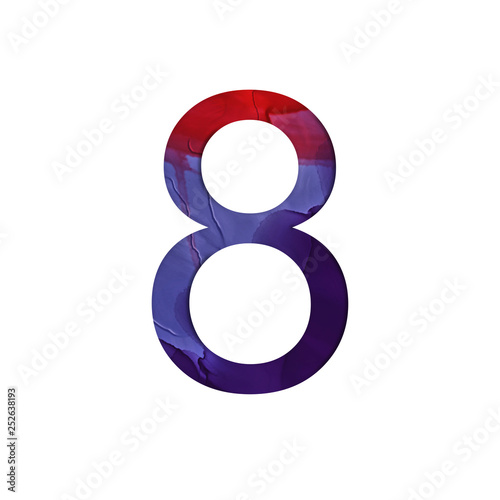 Number 8 illustration on isolated background. Watercolor alphabet symbol with splatter.
