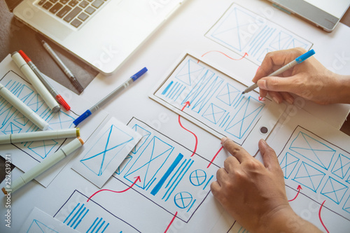 ux Graphic designer creative sketch planning application process development prototype wireframe for web mobile phone . User experience concept.