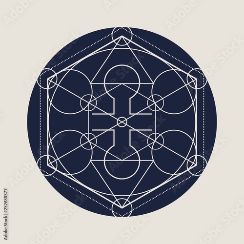 Mystical geometry symbol. Linear alchemy, occult, philosophical sign. For music album cover, poster, sacramental design. Astrology and religion concept.
