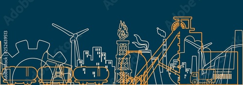 Concept of industrial plant and manufacture building. Energy and Power icons set. Energy generation and heavy industry. Modern brochure, report or cover design template. Thin lines style