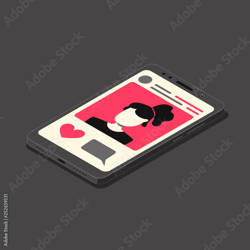 Social media concept, isometric illustration, smartphone and social network page with girl's photo. Vector illustration
