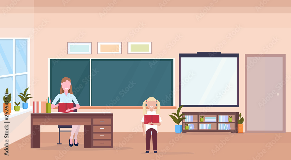 woman teacher sitting at desk schoolgirl reading book education concept modern school classroom interior chalk board female cartoon characters full length horizontal flat Stock Vector | Adobe Stock woman teacher sitting at desk schoolgirl reading book education concept modern school classroom interior chalk board female cartoon characters full length horizontal flat Stock Vector | Adobe Stock