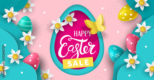 Easter holiday sale banner design with paper cut flowers  and easter eggs background.