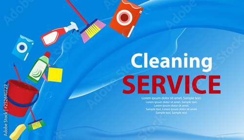 Cleaning Service blue background with a splash of water. Poster or banner with tools, cleaning products for cleanliness. Vector