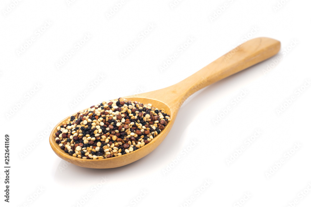 Mix seeds quinoa grains (white quinoa, black quinoa, red quinoa) in wooden spoon isolated on white background.Organic food and Healthy food concept Mix seeds quinoa grains (white quinoa, black quinoa, red quinoa) in wooden spoon isolated on white background.Organic food and Healthy food concept