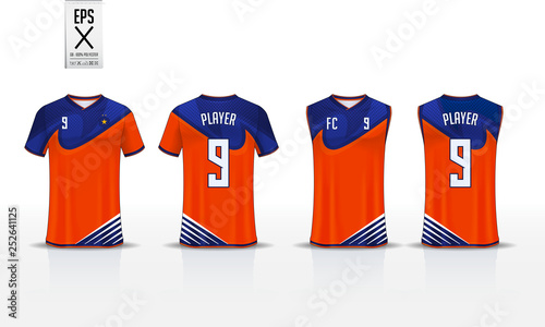 T-shirt sport template design for soccer jersey, football kit and tank top for basketball jersey. Sport uniform in front and back view. Sport shirt mock up for sport club. Vector Illustration.