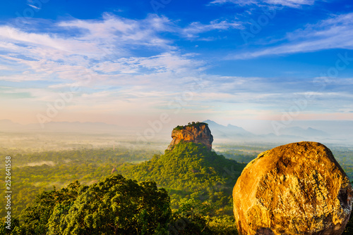 Sunrise view to Sigiriya rock - Lion Rock - from Pidurangala Rock in Sri Lanka