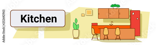 modern kitchen with plants in interior empty no people house room colorful sketch flow style horizontal banner